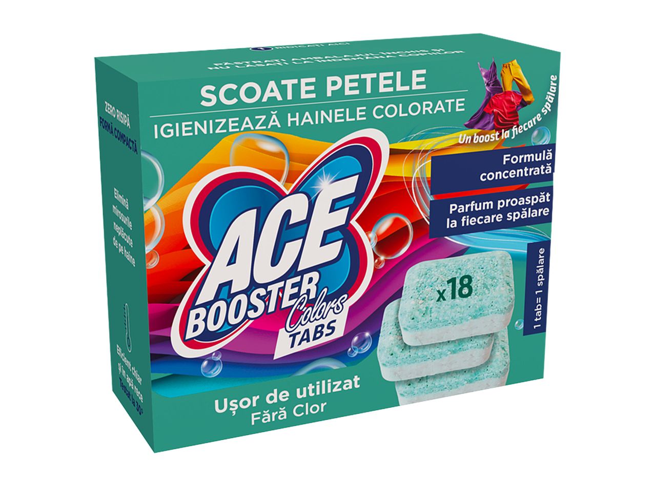 Detergent Ace Booster pentru rufe colorate, 18 tablete.
