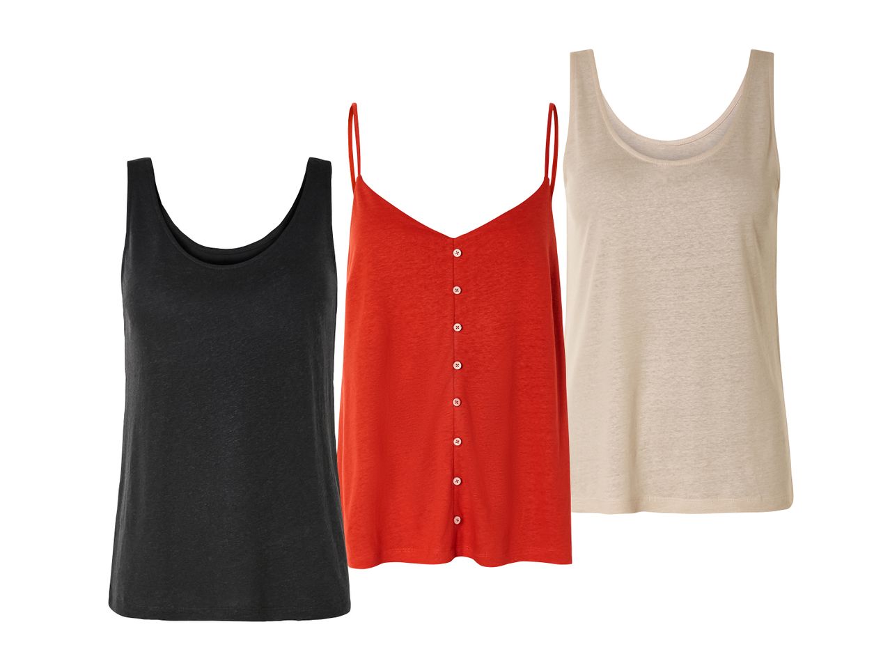 Drei Damen-Tanktops in Schwarz, Rot und Beige.