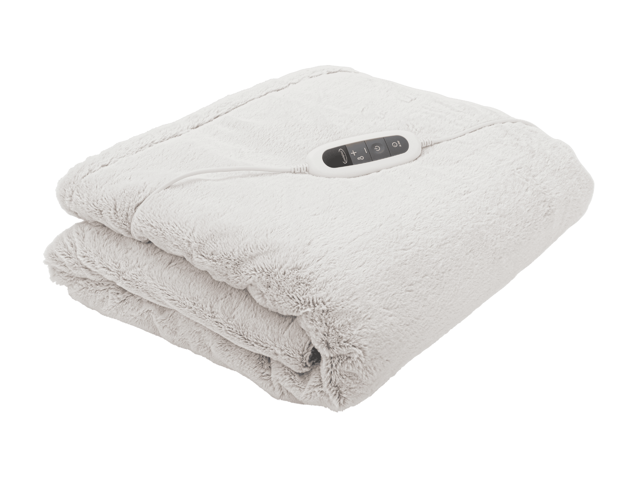 Valkoinen sähköpeitto, jossa on kaukosäädin, taitettuna mustalla taustalla.