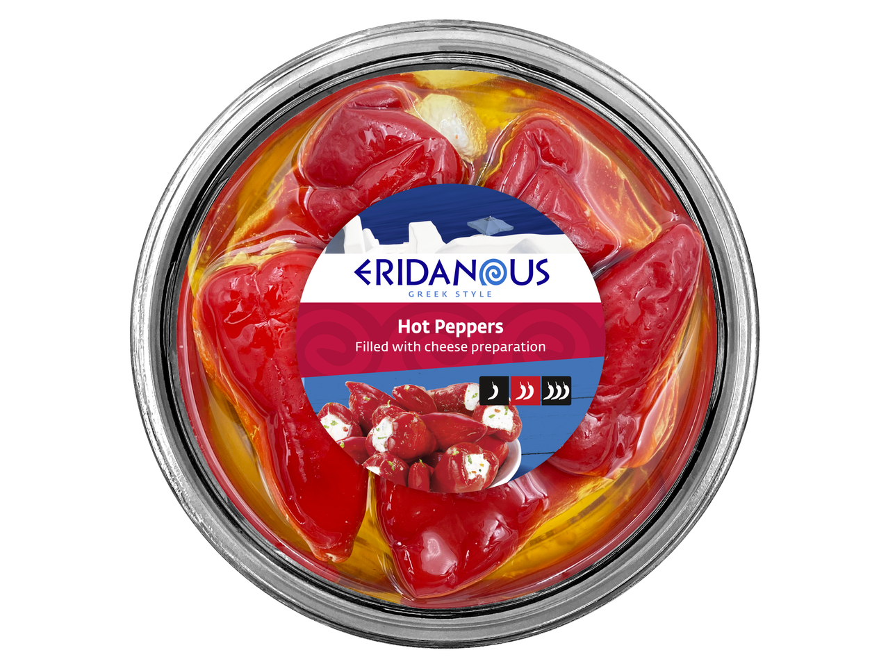 Jar of red hot peppers filled with cheese preparation, Greek style.