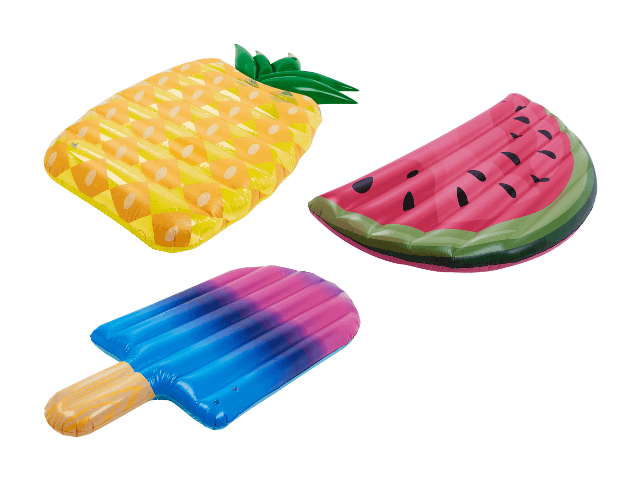 Drei aufblasbare Schwimmartikel: Ananas, Wassermelone und Eis am Stiel.