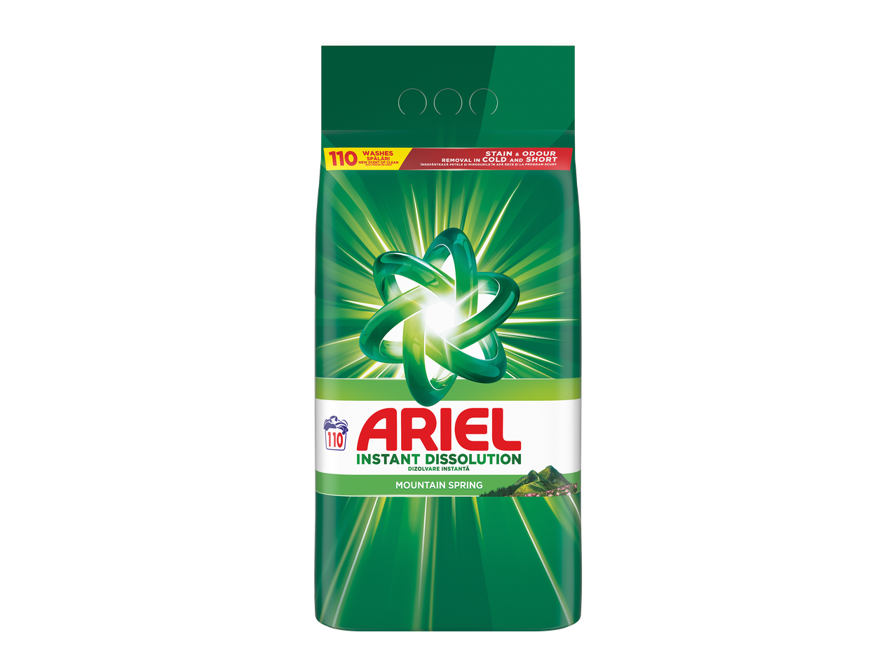 Detergent de rufe lichid concentrat, cu 110 spălări, pentru îndepărtarea petelor și mirosurilor în apă rece și la program scurt, cu parfum de primăvară de munte.
