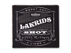 Sort lakridsshot-pakke med hvid skrift, der angiver 'MØRKT HAV', 'LAKRIDS SHOT' og 'LIKØR', 4x20ml.