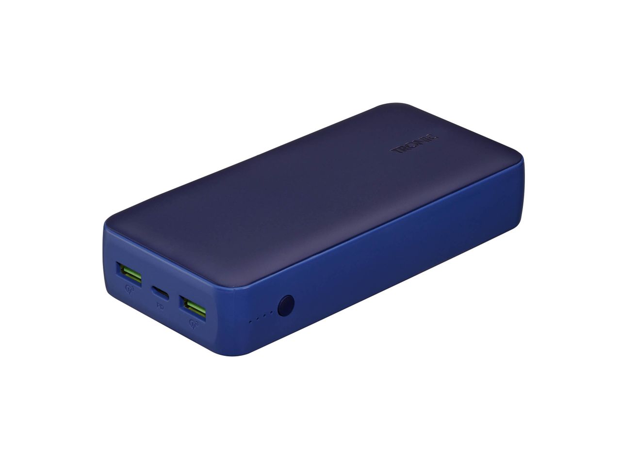 Un power bank blu scuro con porte USB e il logo TRONIC in rilievo.