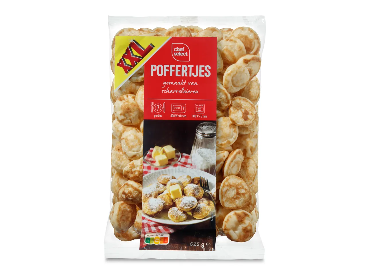 Verpakking van poffertjes met Chef Select logo en bereidingsinstructies.