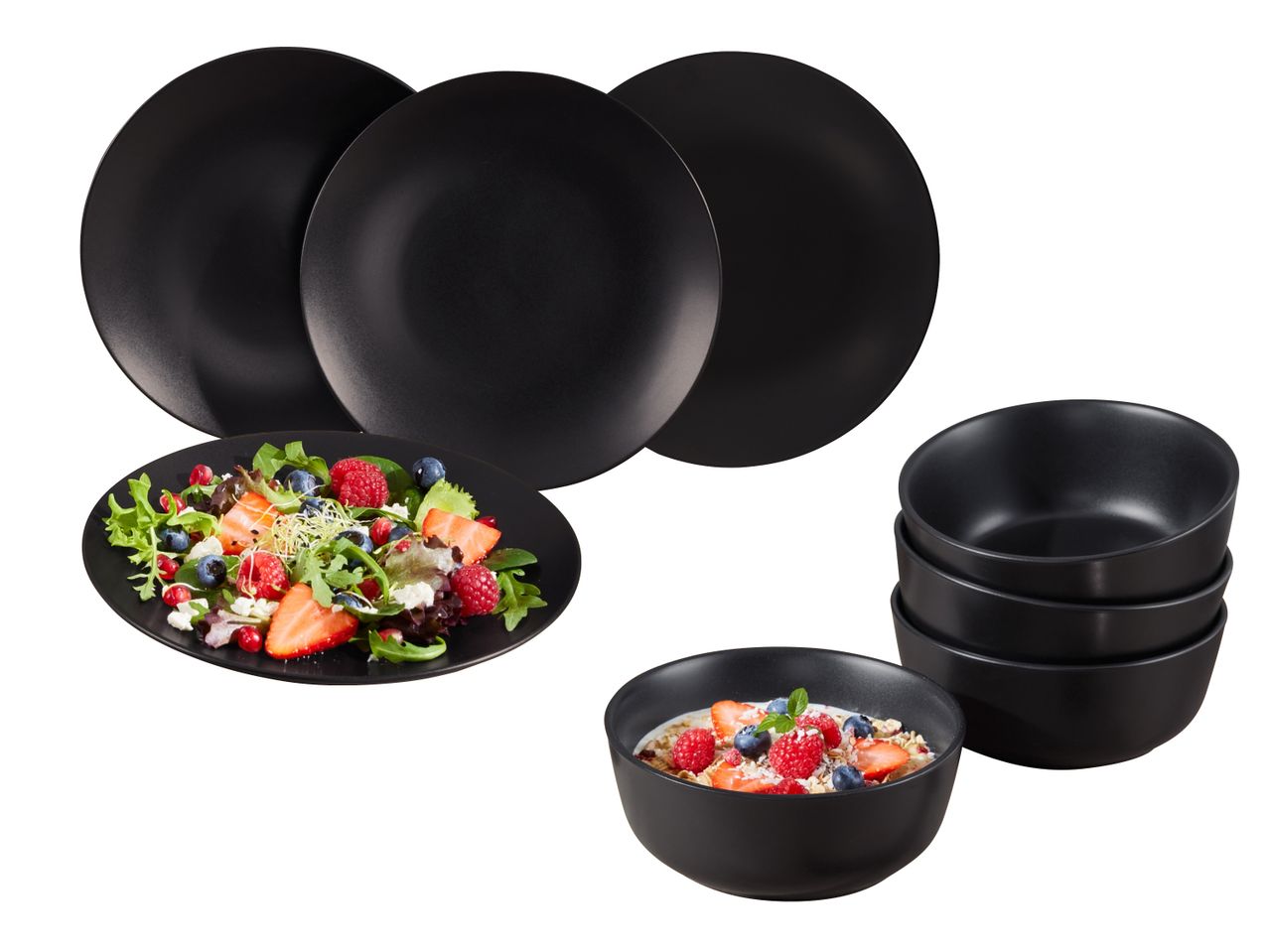 Schwarzes Geschirr-Set mit Tellern und Schalen.