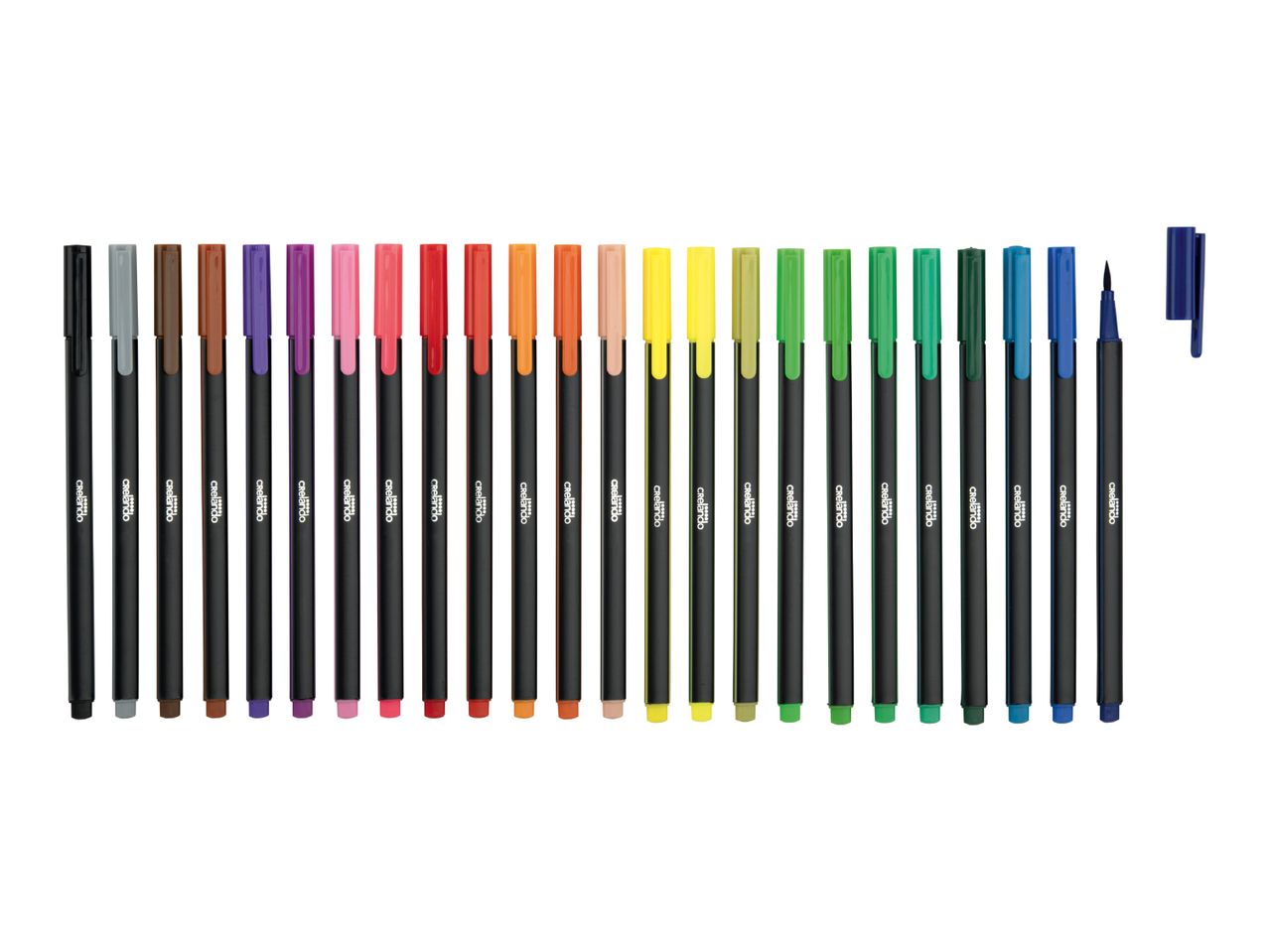 A set of 24 colorful brush pens with black bodies, arranged in a rainbow gradient.