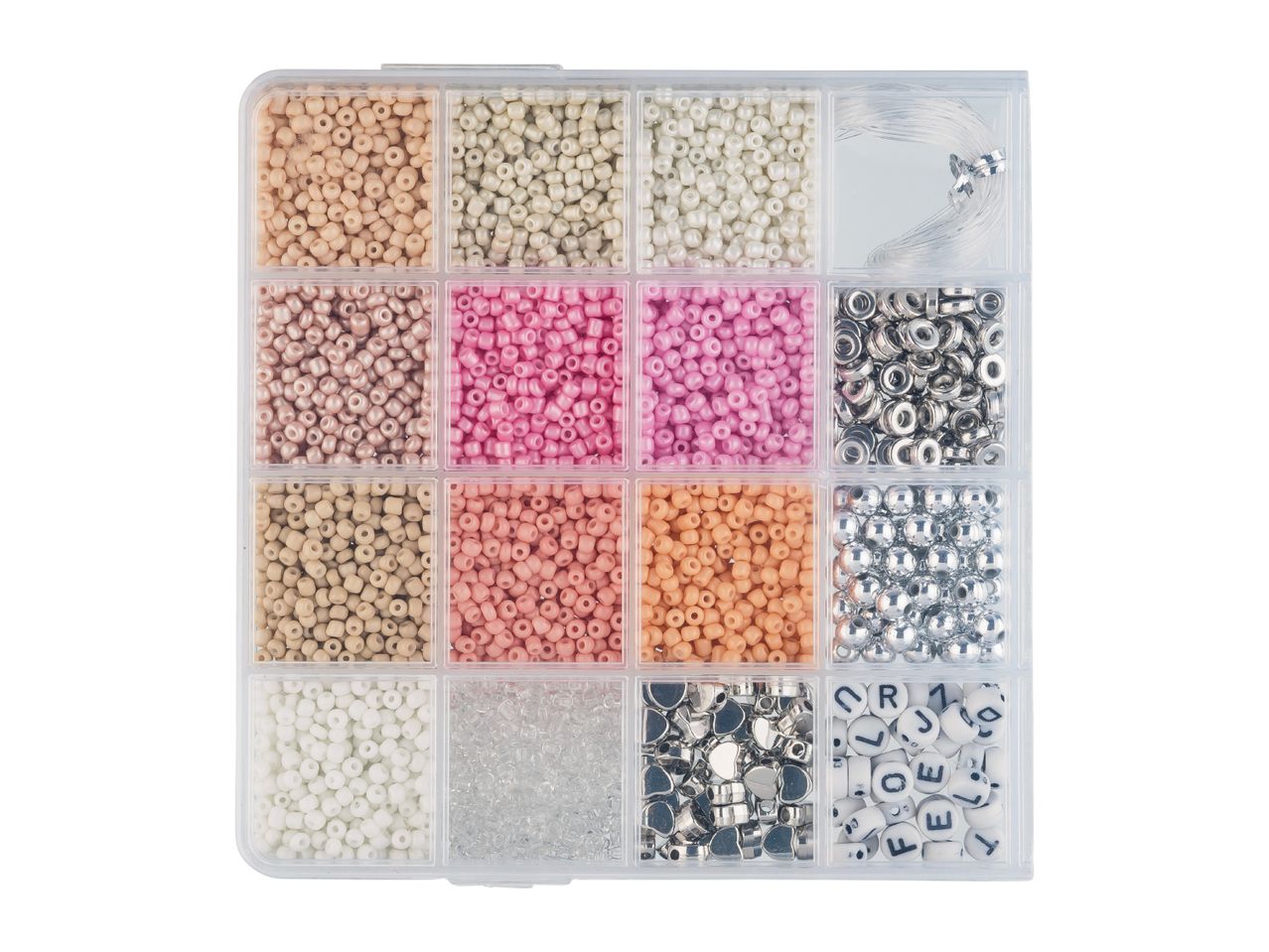 A clear plastic organizer box filled with various colorful beads, silver charms, and string for crafting.