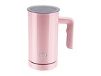 Pink milk frother with a handle and a transparent lid, featuring a power button and various frothing icons.