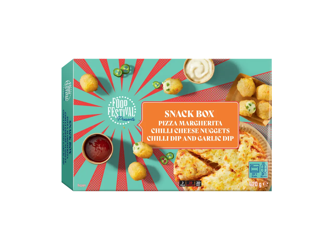 Snackbox met Pizza Margherita, chili-kaasnuggets, chilisaus en knoflooksaus, 420g.