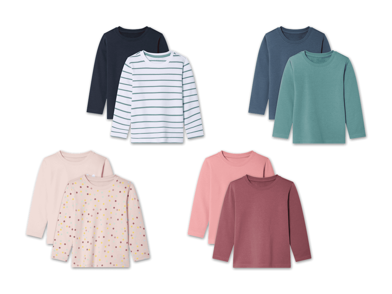Sechs langärmelige Kinder-T-Shirts in verschiedenen Farben und Mustern.