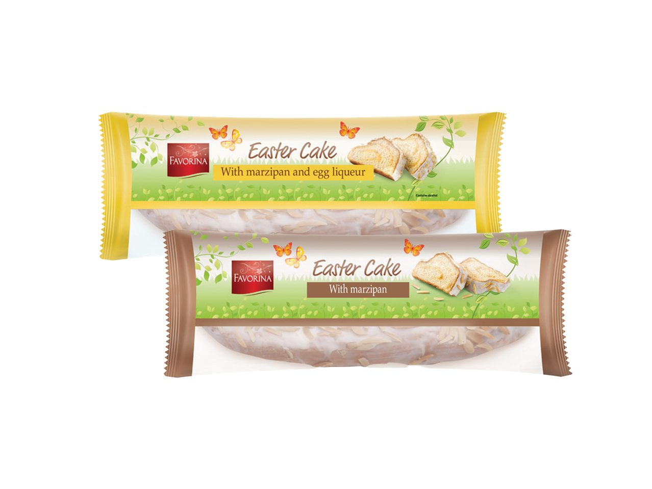 Dva pakovanja uskršnjeg kolača sa marcipanom, jedno sa likerom od jaja.