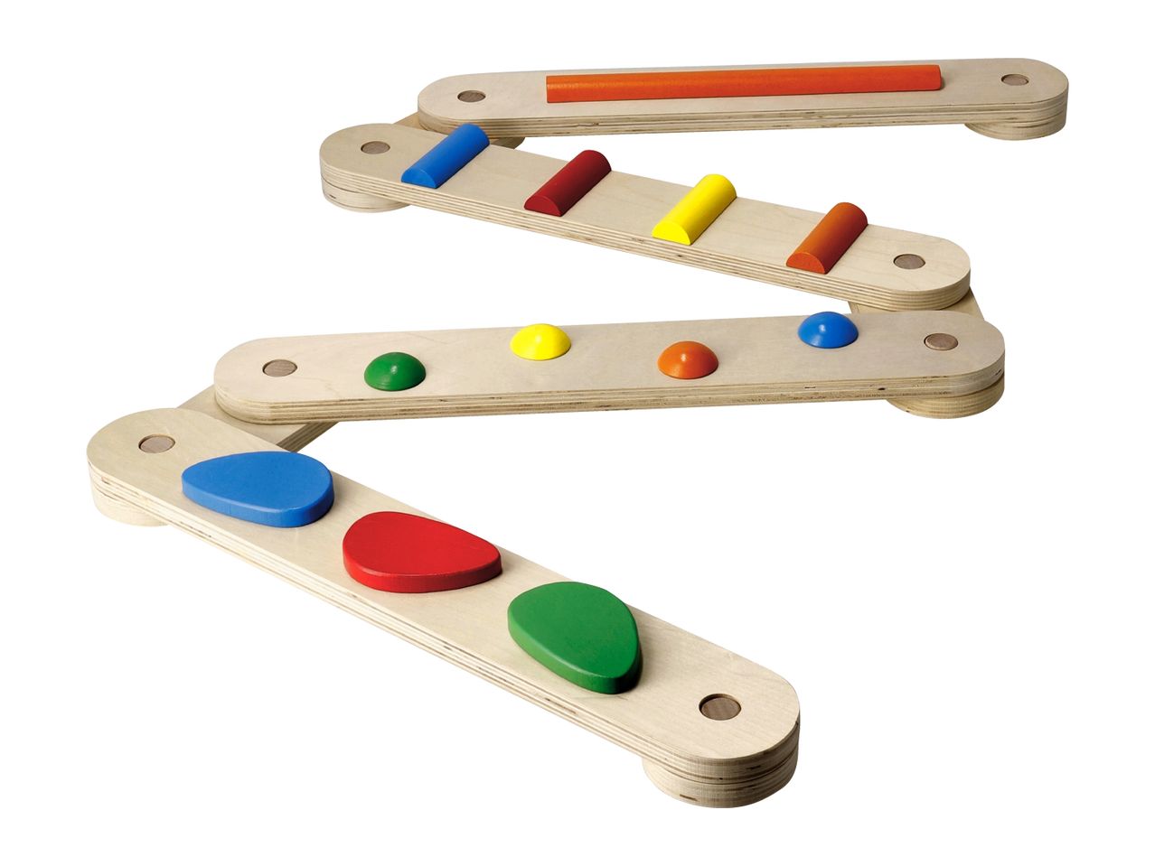 Wooden zigzag balance beam with colorful geometric shapes for children's play.