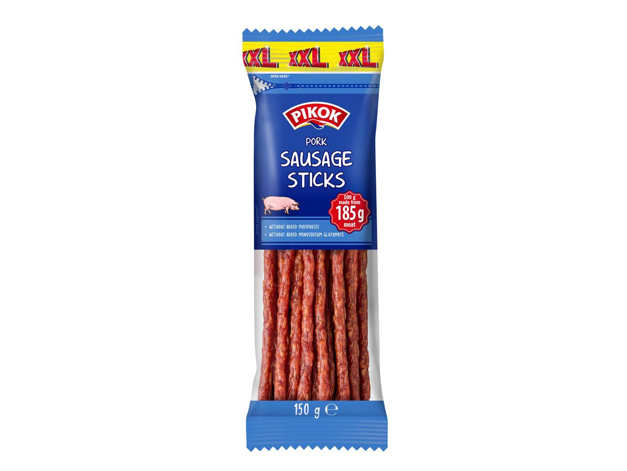 PIKOK XL XXL sertés kolbász rudacskák 150g-os csomagolásban.