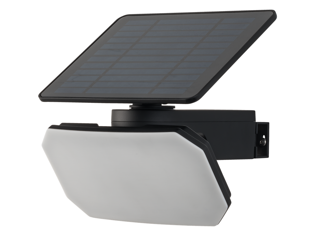 Solar-powered LED wall light with an adjustable solar panel and a white diffuser.