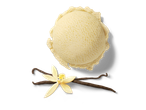 Bola de sorvete de baunilha e favas de baunilha.