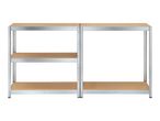 Two metal shelving units with three wooden shelves each, side-by-side.