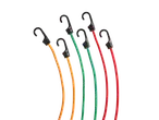 Five colorful bungee cords with hooks.