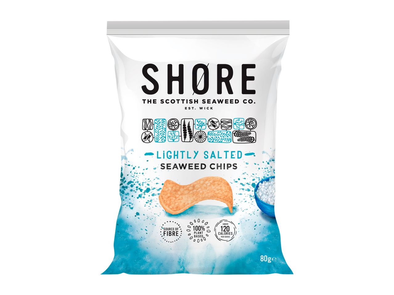 Lightly salted seaweed chips, 100% plant-based, source of fibre, under 120 calories per serve.