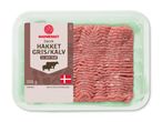 Pakke med hakket gris/kalv (14-18% fedt) på 300g med dansk flag.