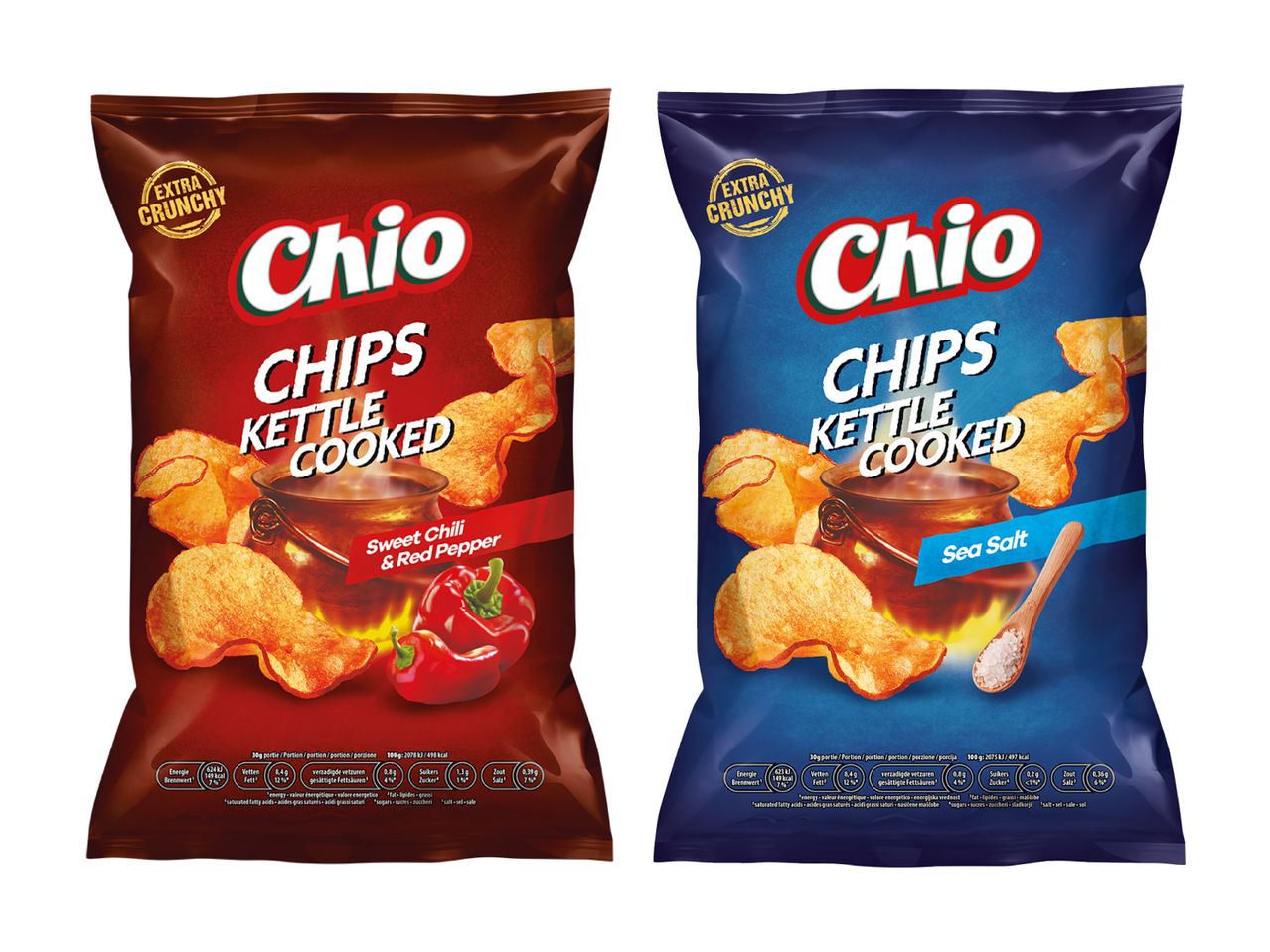 Zwei Chio Chips-Packungen: eine mit Ketchup, die andere mit Knoblauch.