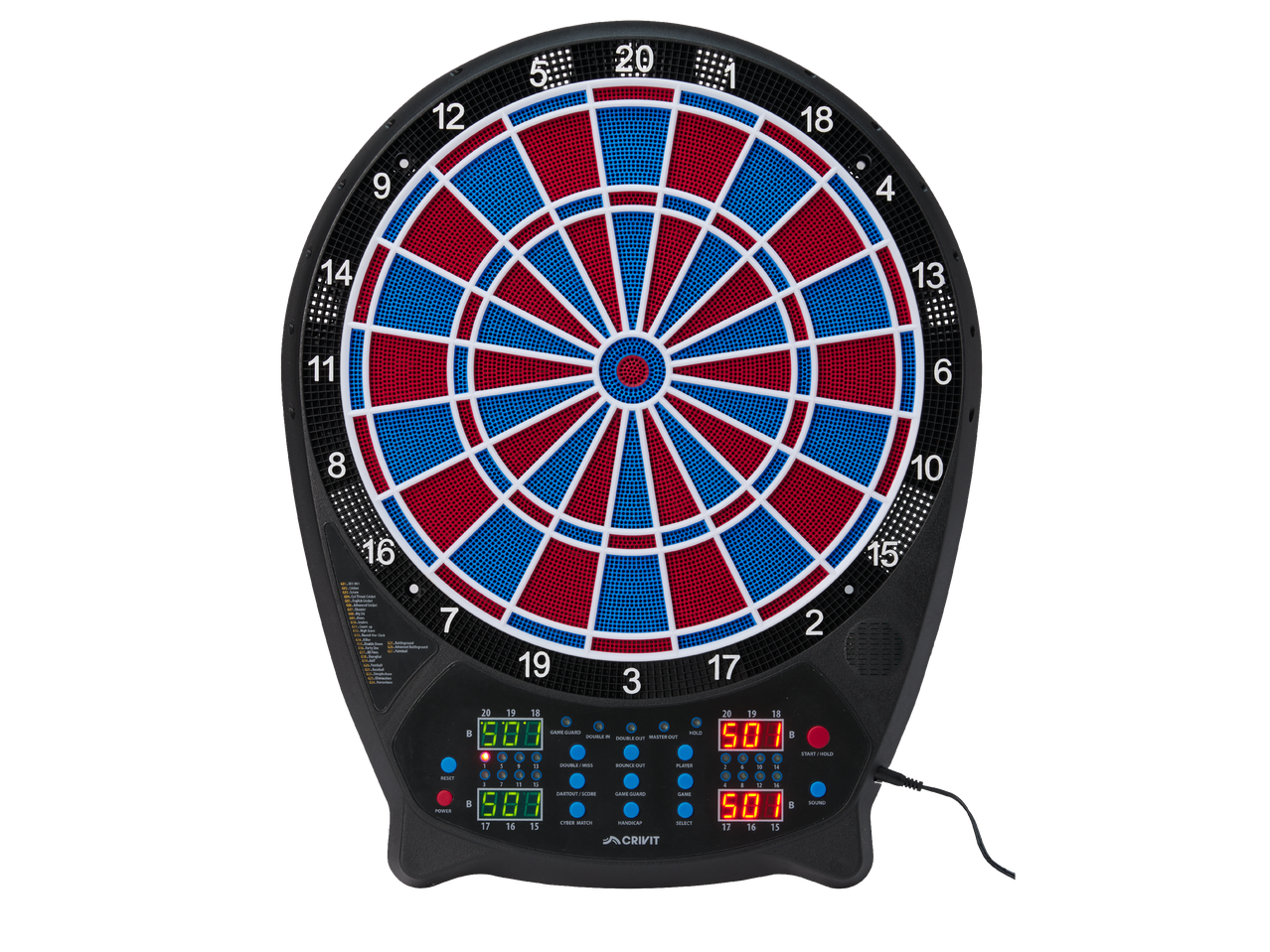Електронен дартс Crivit с червени и сини сегменти, дисплей за резултати и бутони за игра.