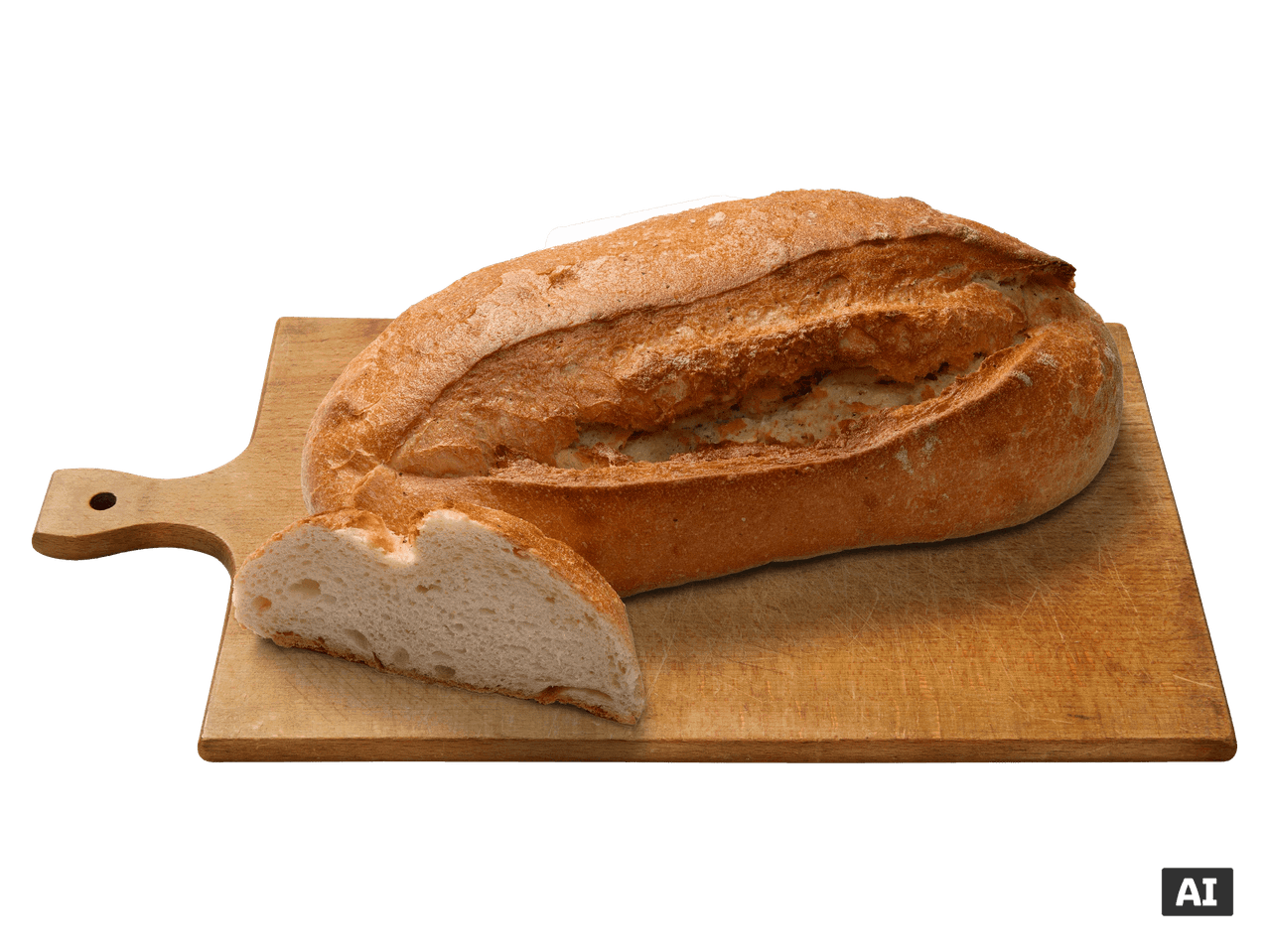 Kovászos kenyér vágódeszkán egy szeletelt darabbal.