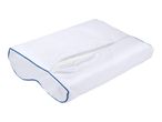 White orthopedic pillow with blue piping and a zipper