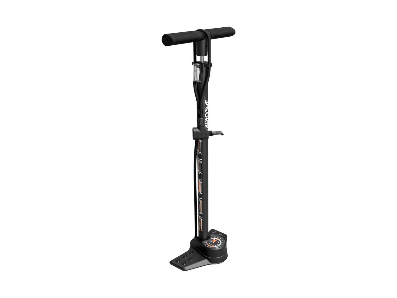 Black bicycle floor pump with a T-handle and a pressure gauge at the base.