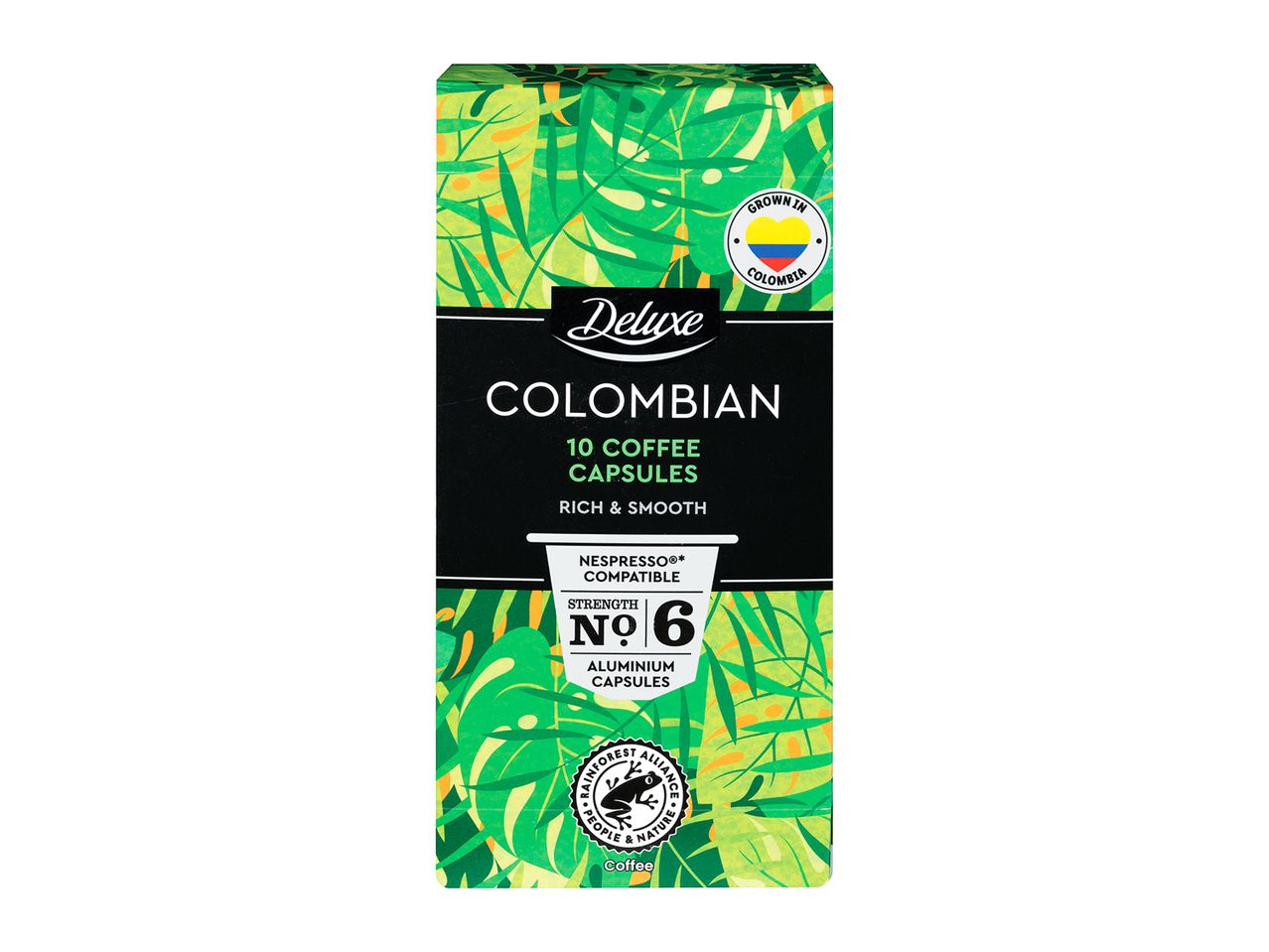 Deluxe Colombian coffee capsules, Nespresso compatible, rich & smooth.