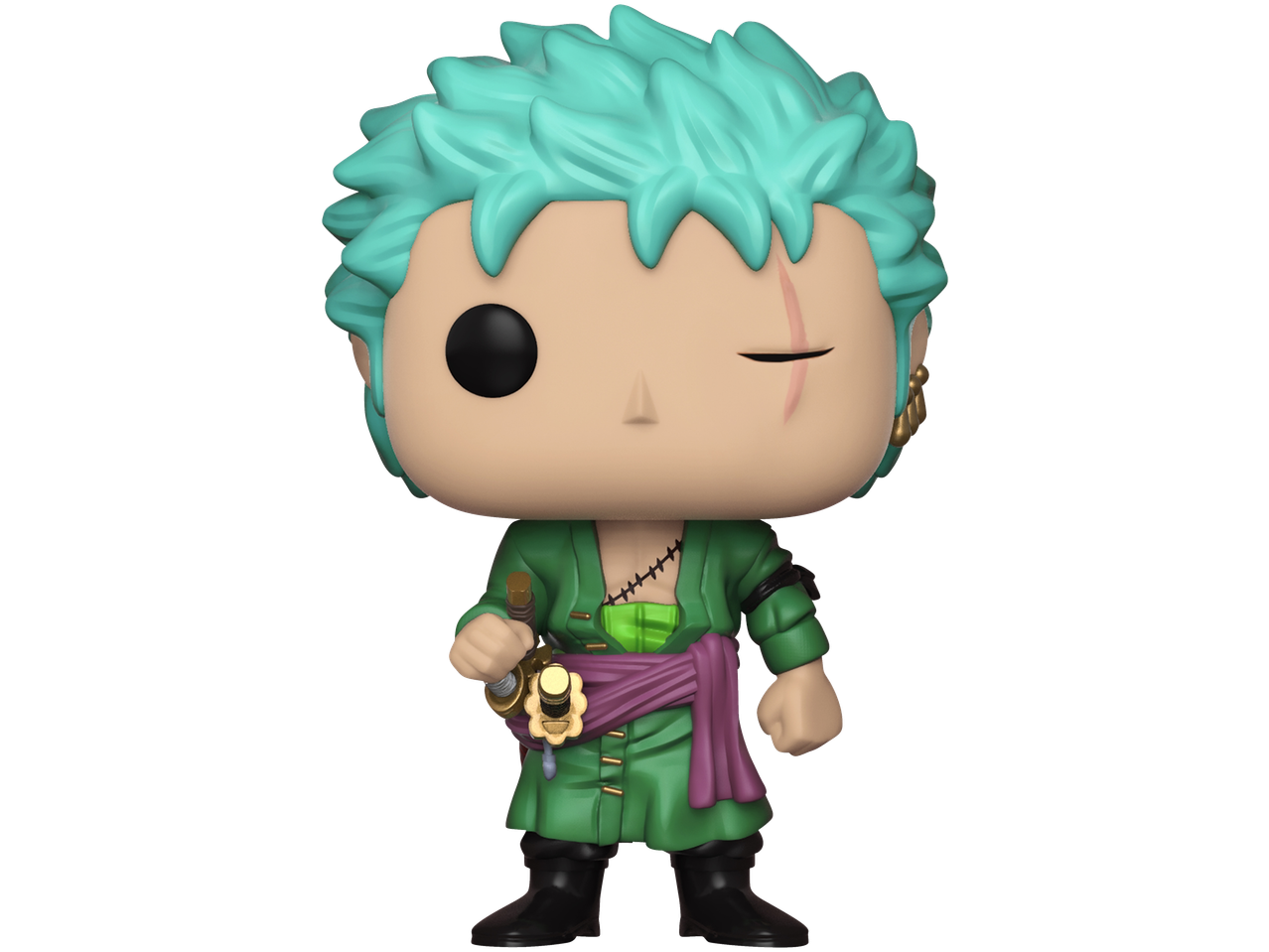 Green-clad figure with teal hair, holding a sword and winking.