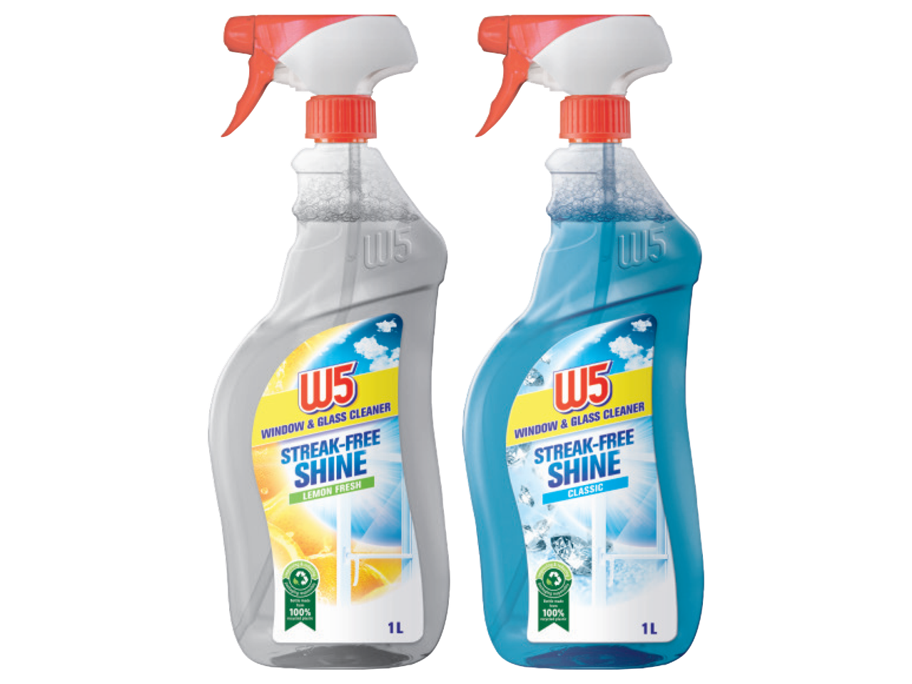 Divi W5 logu un stiklu tīrītāji: viens ar citronu smaržu, otrs klasiskais.