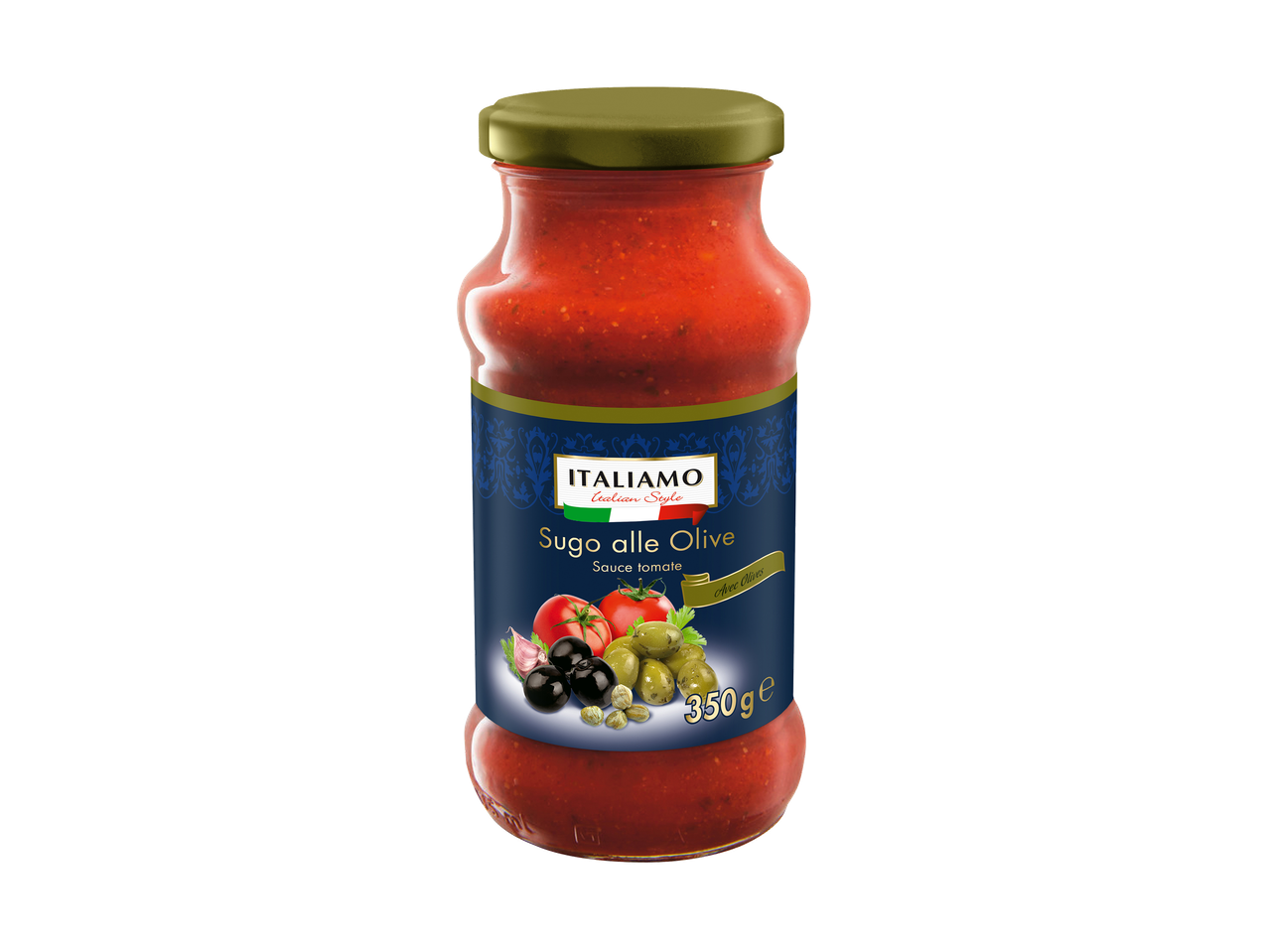Bouteille de sauce tomate aux olives, avec des tomates, de l'ail et des câpres sur l'étiquette.