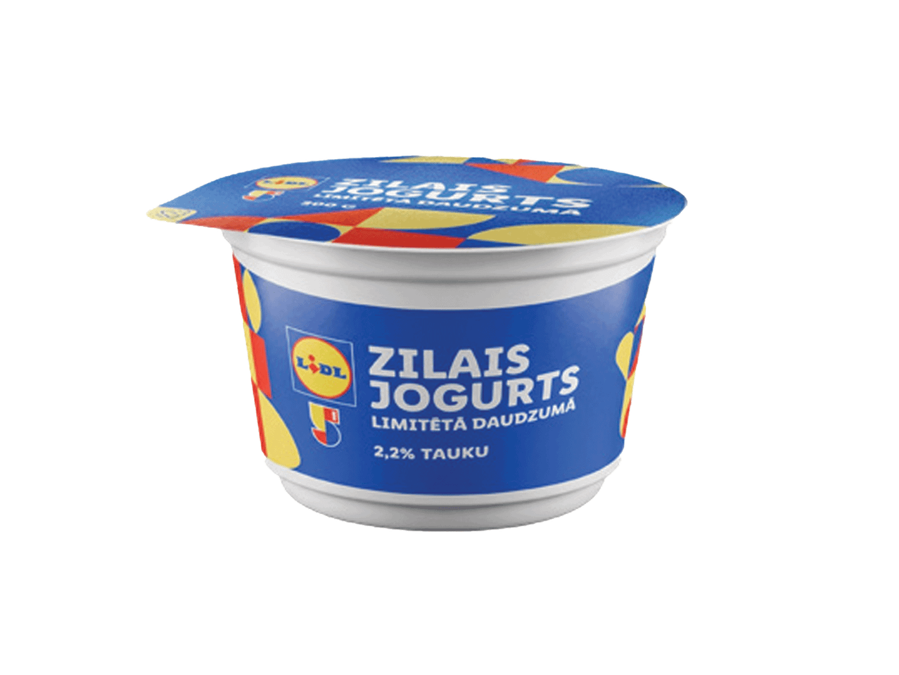 Zils jogurta trauciņš ar sarkanu, dzeltenu un zilu vāku, uz kura rakstīts 'ZILAIS JOGURTS'.