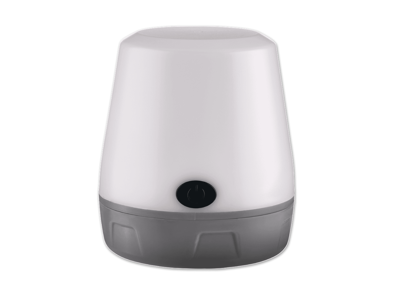 Tragbare weiße Laterne mit grauem Boden und schwarzem Ein-/Ausschalter.