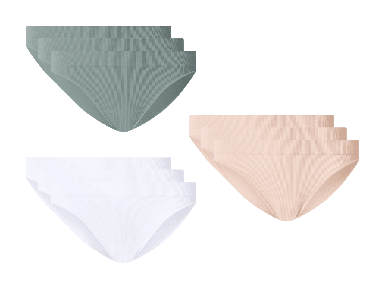 Lot de trois culottes unies en blanc, vert et beige.