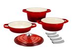 Red cast iron casserole pots with lid and pan protectors