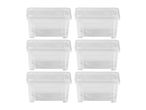 Six clear plastic storage boxes with lids, arranged in two columns of three.
