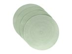 Stack of five light green round woven placemats