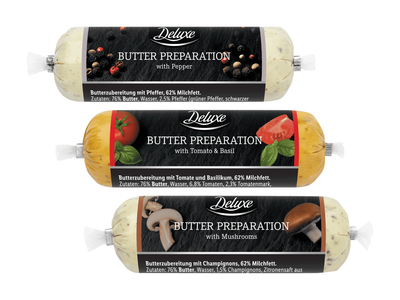 Drei Delice Butterzubereitungen: Pfeffer, Tomaten-Basilikum und Champignons.