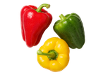 Drie verse paprika's: rood, groen en geel, met waterdruppels op een zwarte achtergrond.