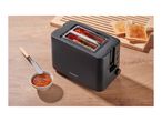 Black toaster with two slices of bread toasting, next to a bowl of jam and a knife.