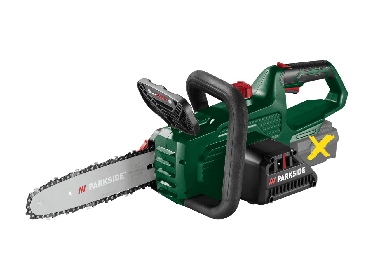 Motosega a batteria con corpo verde, manici neri e lama argentata, su sfondo nero.