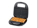 Open waffle maker with two golden-brown square waffles inside