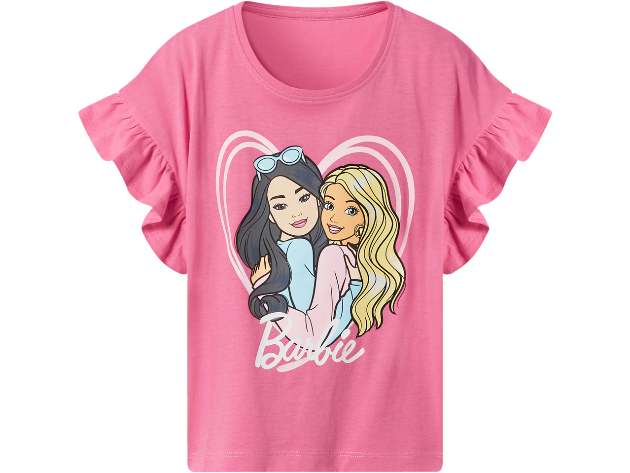 Rožiniai marškinėliai su raukiniais ir dviejų Barbie merginų atspaudu širdyje.