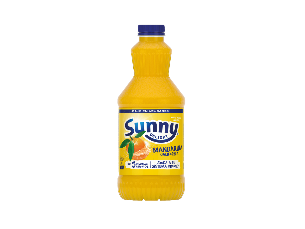 Garrafa de suco Sunny Delight sabor tangerina com baixo teor de açúcar e vitaminas.