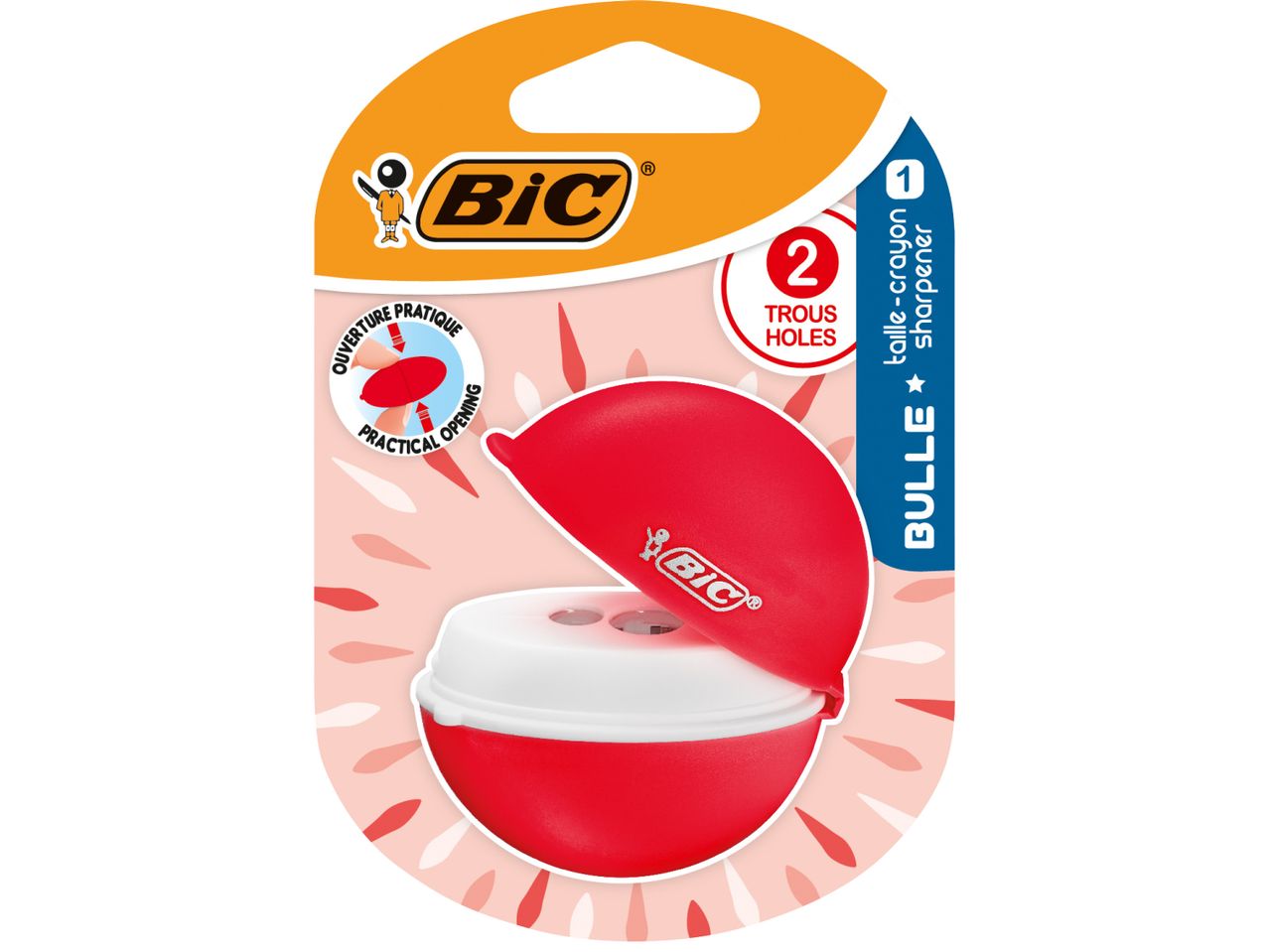 Опаковка на острилка BIC BULLE с 2 отвора, червена и бяла.