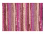 Close-up of a knitted fabric with vertical stripes in shades of pink, purple, and brown.