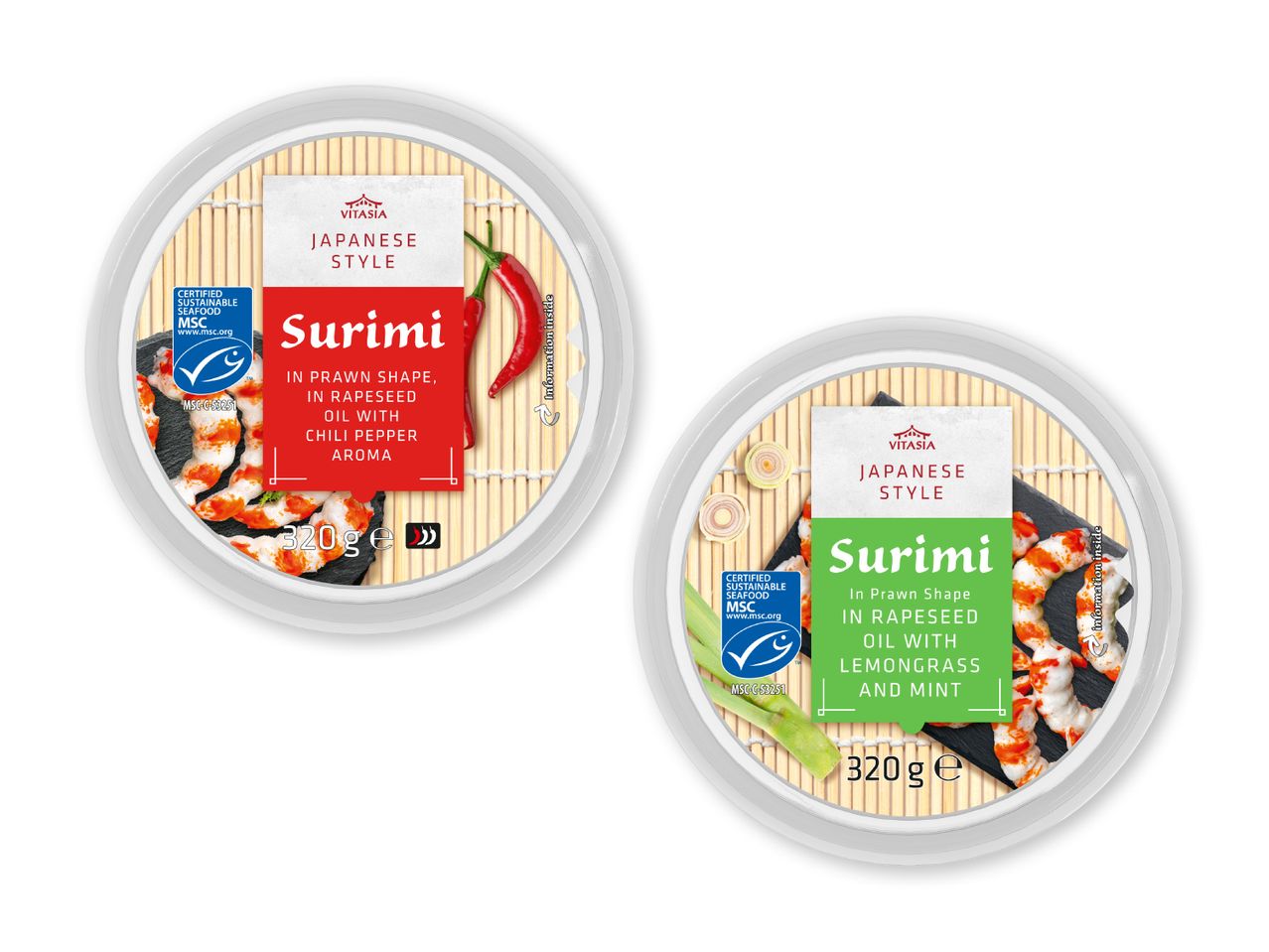 To pakker surimi i rejerform med japansk stil, den ene med chilipeberaroma, den anden med citrongræs og mynte.