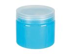 A small, light blue plastic jar with a translucent lid.